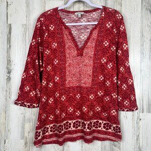 Lucky‎ Brand Women's 2X Boho Floral Shirt Red Multi Lightweight Stretch Top